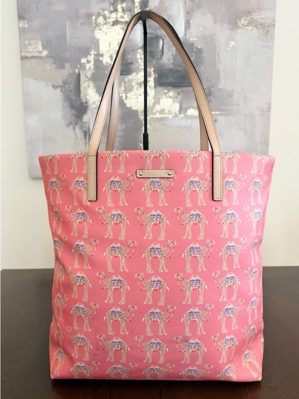 Kate Spade Bon Shopper tote bag in the "Spice Things Up" camel print